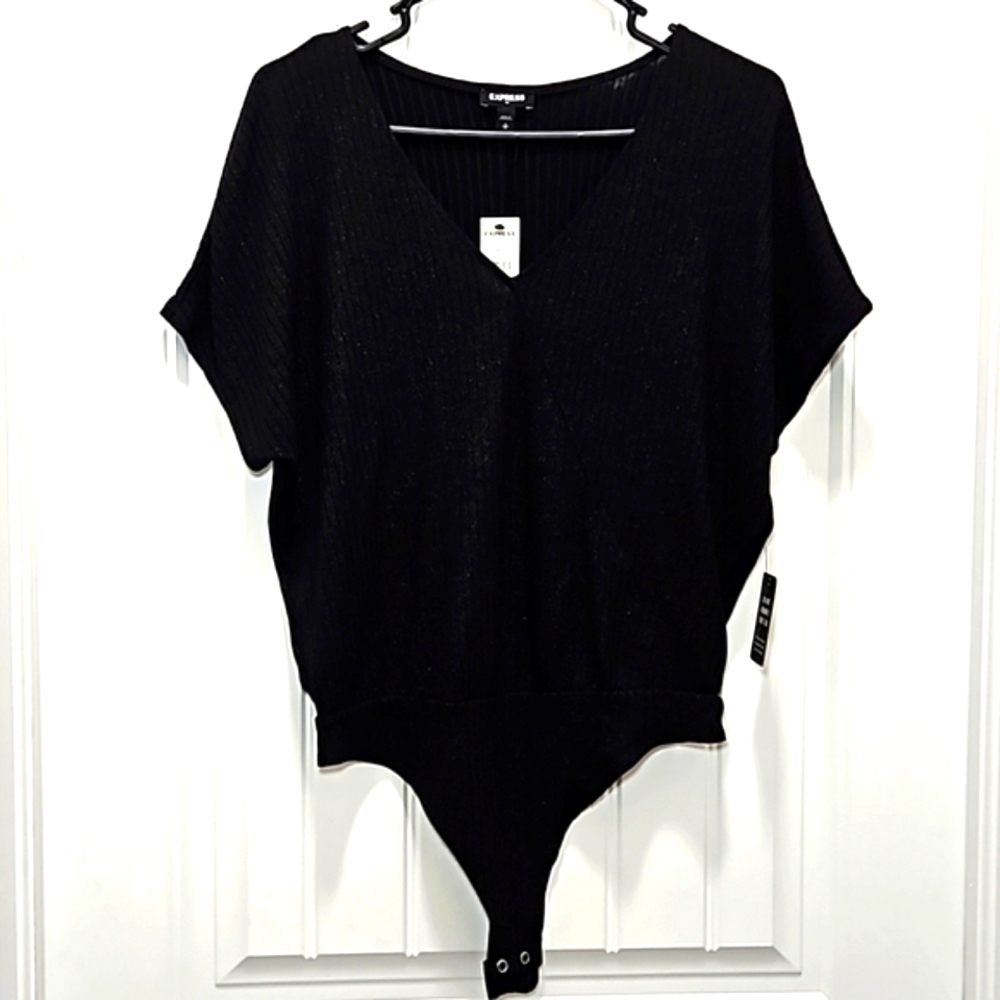 Express Shimmer Dolman Sleeve Ribbed Thong Bodysuit